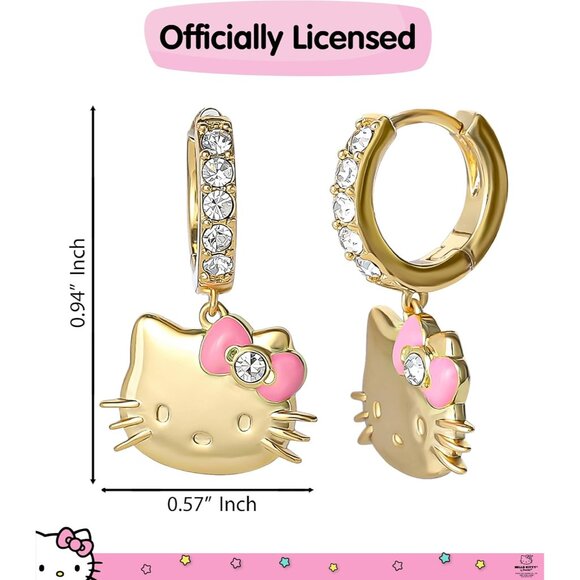 Hello Kitty Gold Hoop Earrings with Pave Crystals, Pink Enamel Bow, 18k Gold Fin - Picture 5 of 6